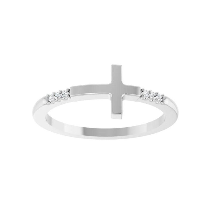 14K White Gold.025 CTW Diamond Stackable Sideways Cross Ring