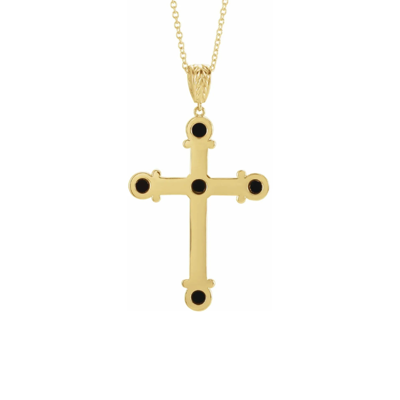 Cross Pendant with Natural Black Onyx and 16-18" Necklace in 14K Yellow Gold