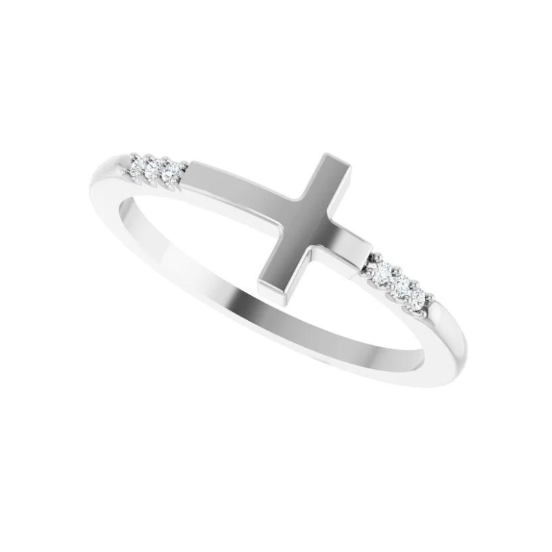 14K White Gold.025 CTW Diamond Stackable Sideways Cross Ring