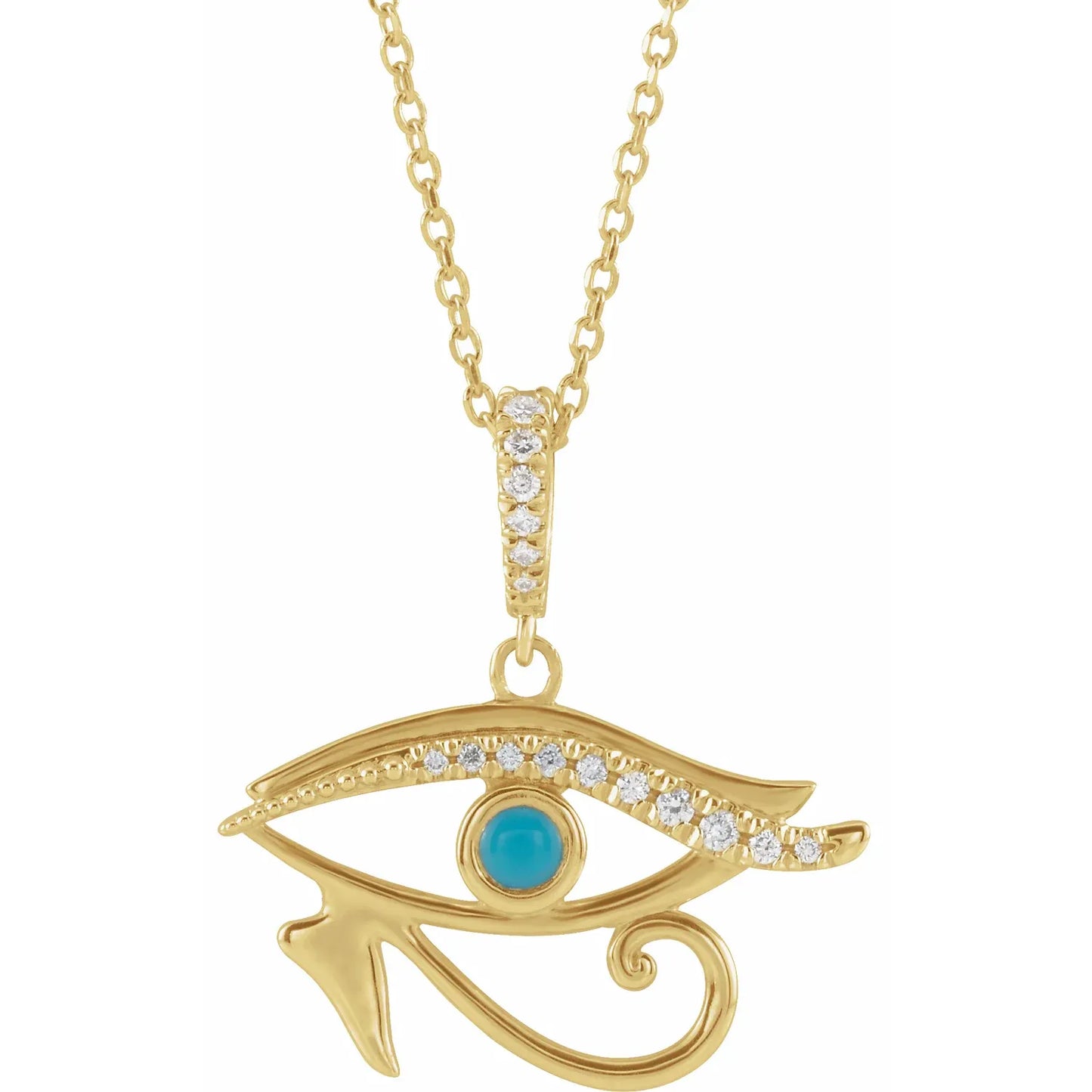 Eye of Horus with 16-18" Necklace 14K Yellow Gold Natural Turquoise & .08 CTW Natural Diamond