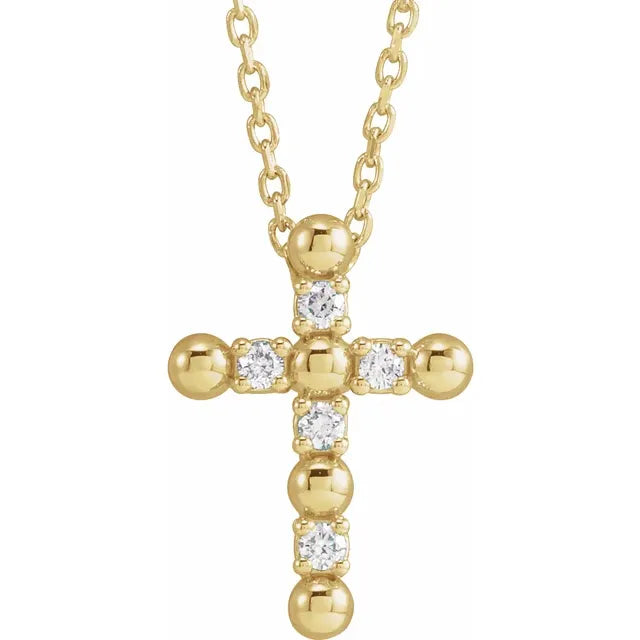 Diamond Beaded Cross with 16-18" Necklace in 14K Yellow Gold with .07 CTW Natural Diamond