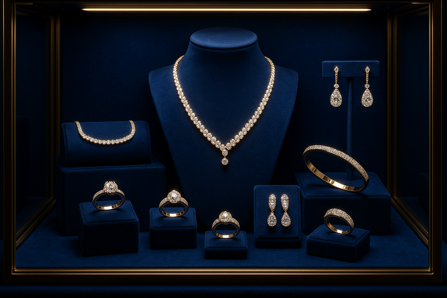 Beautiful jewelry showcase in royal blue displaying gold and diamonds jewelry