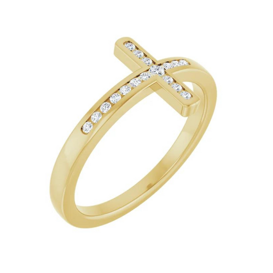 14K Yellow Gold 1/10 CTW Natural Diamond Sideways Cross Ring