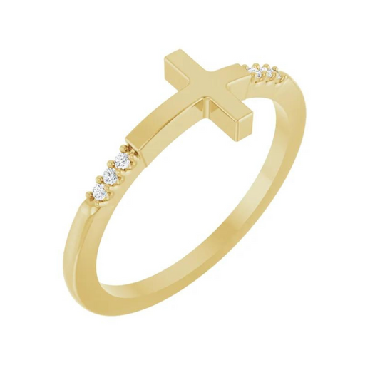 14K Yellow Gold .025 CTW Diamond Stackable Sideways Cross Ring