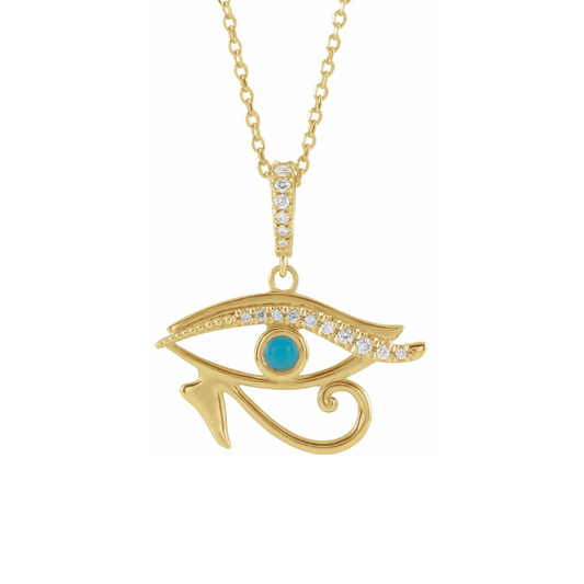 Eye of Horus with 16-18" Necklace 14K Yellow Gold Natural Turquoise & .08 CTW Natural Diamond