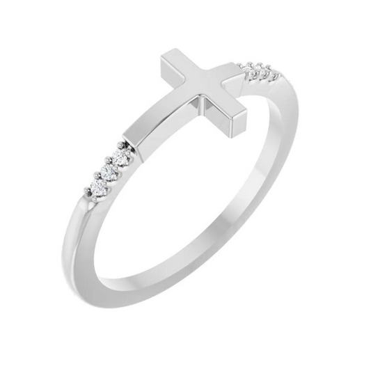 14K White Gold.025 CTW Diamond Stackable Sideways Cross Ring