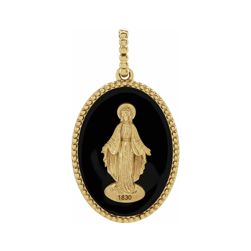 14K Yellow Gold Miraculous Medal Pendant with Black Enamel
