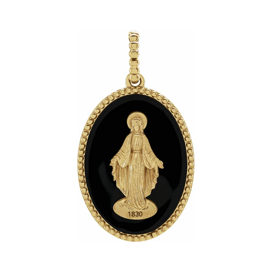 14K Yellow Gold Miraculous Medal Pendant with Black Enamel