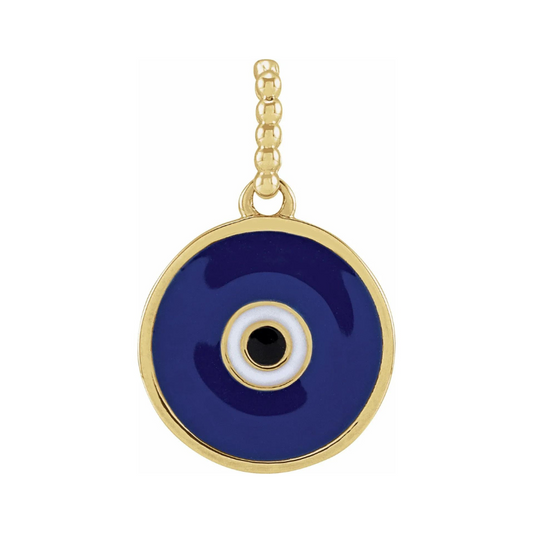 14K Yellow Gold Blue Enamel Evil Eye Pendant
