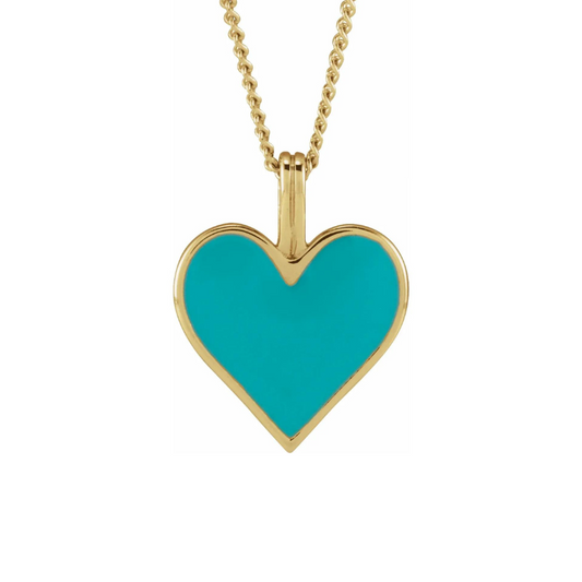 14K Yellow Gold Light Turquoise Enamel Heart with 18" Necklace