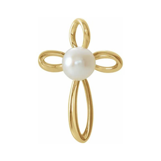 Cross Pendant with Cultured White Freshwater Pearl in 14K Yellow Gold