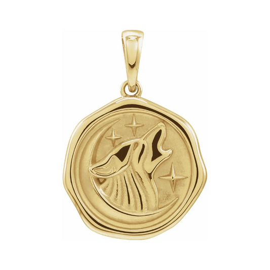 14K Yellow Gold Wolf Spirit Animal Pendant