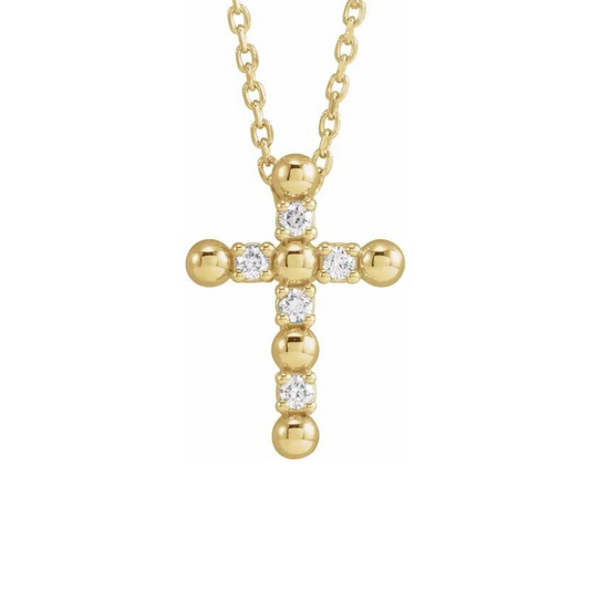 Diamond Beaded Cross with 16-18" Necklace in 14K Yellow  Gold with .07 CTW Natural Diamond