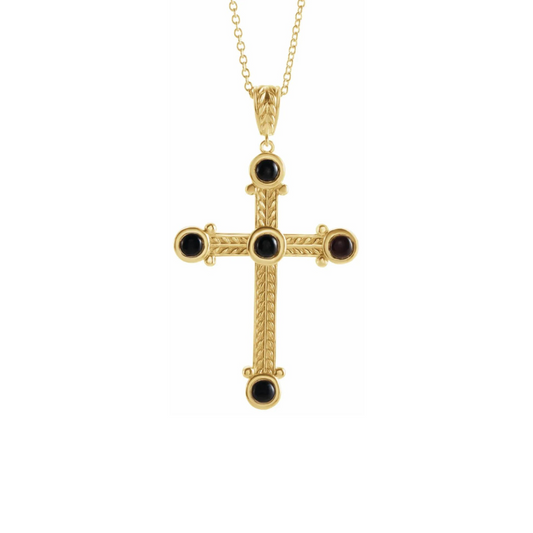 Cross Pendant with Natural Black Onyx and 16-18" Necklace in 14K Yellow Gold