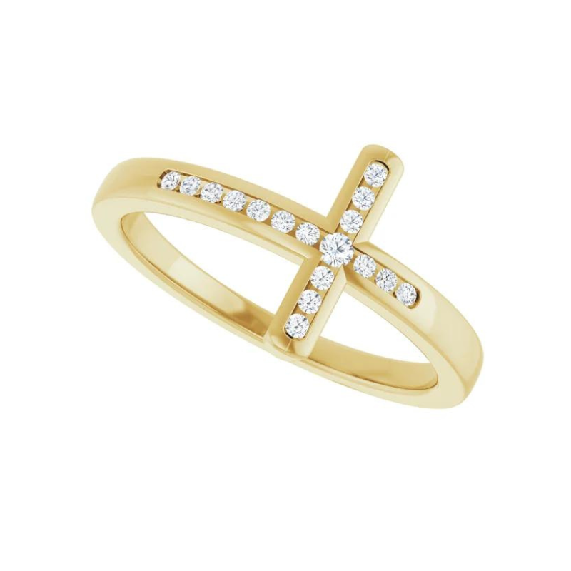 14K Yellow Gold 1/10 CTW Natural Diamond Sideways Cross Ring