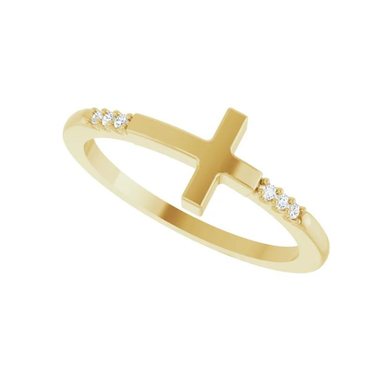 14K Yellow Gold .025 CTW Diamond Stackable Sideways Cross Ring